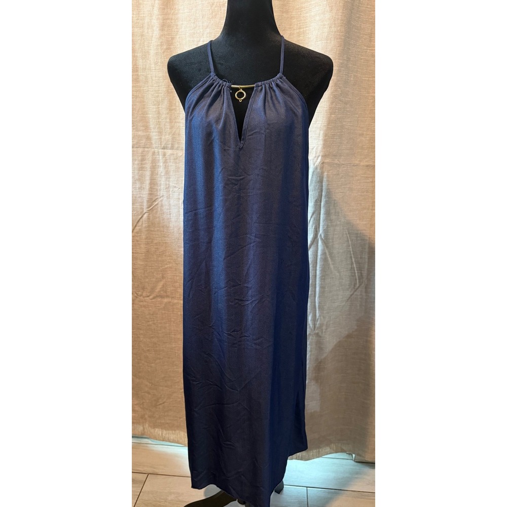 Mlle Gabrielle Blue Halter Maxi Dress Gold Ring Keyhole Chambray Look Large